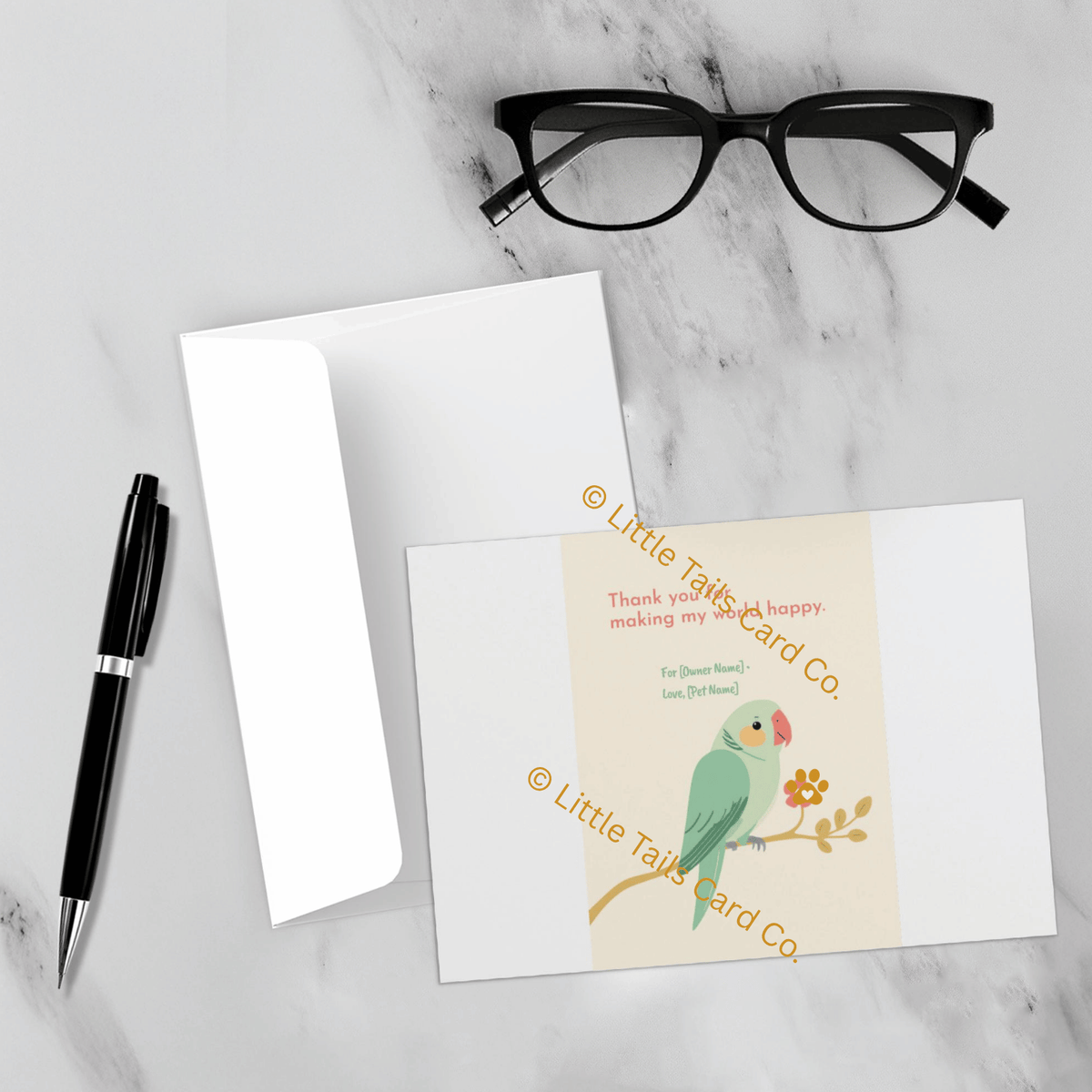 Thank you pet greeting card displayed with envelope