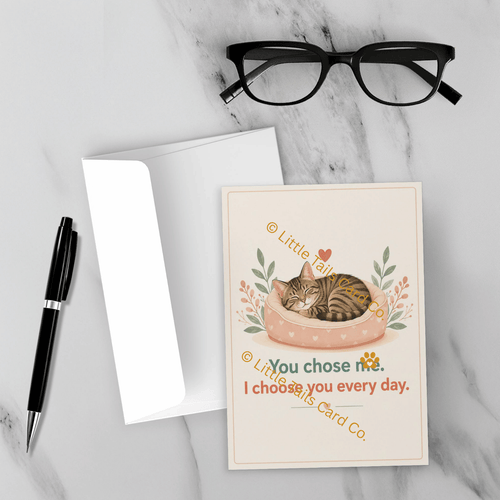 Adoption pet greeting card displayed with envelope