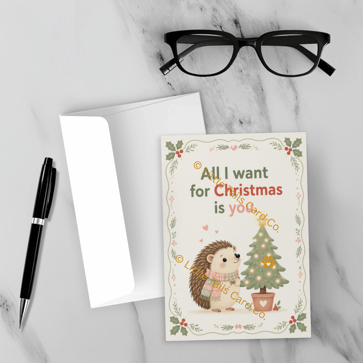 Christmas pet greeting card displayed with envelope